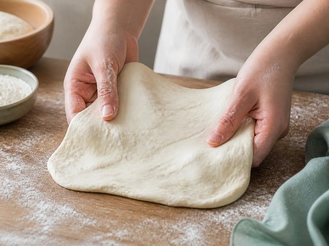 Hands stretching soft yogurt flatbread dough on a floured worktop
