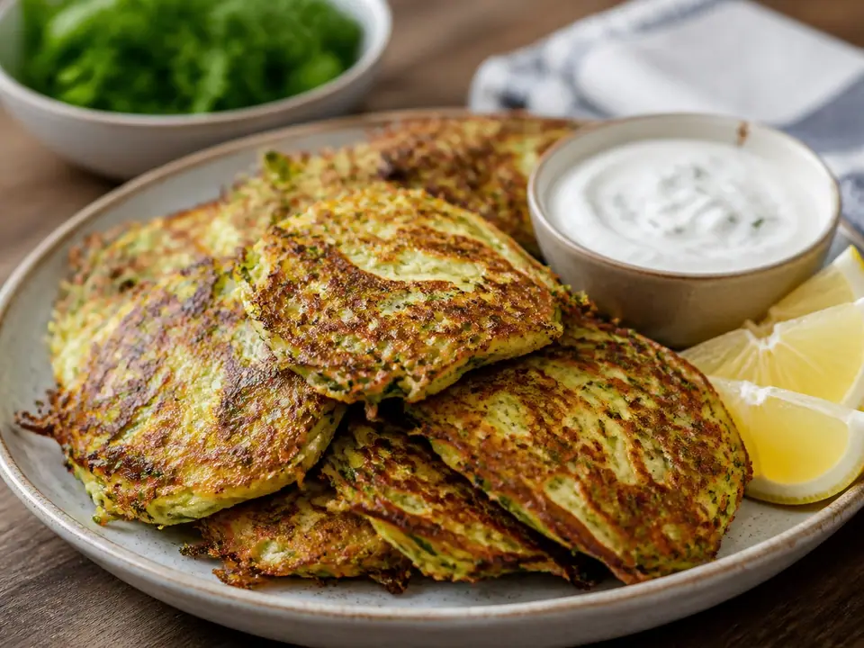 Crisp zucchini fritters with yogurt sauce and lemon wedges