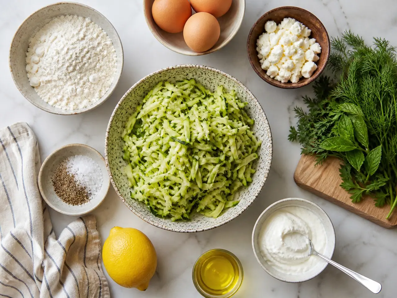 Grated zucchini eggs flour feta herbs lemon and yogurt ready to cook