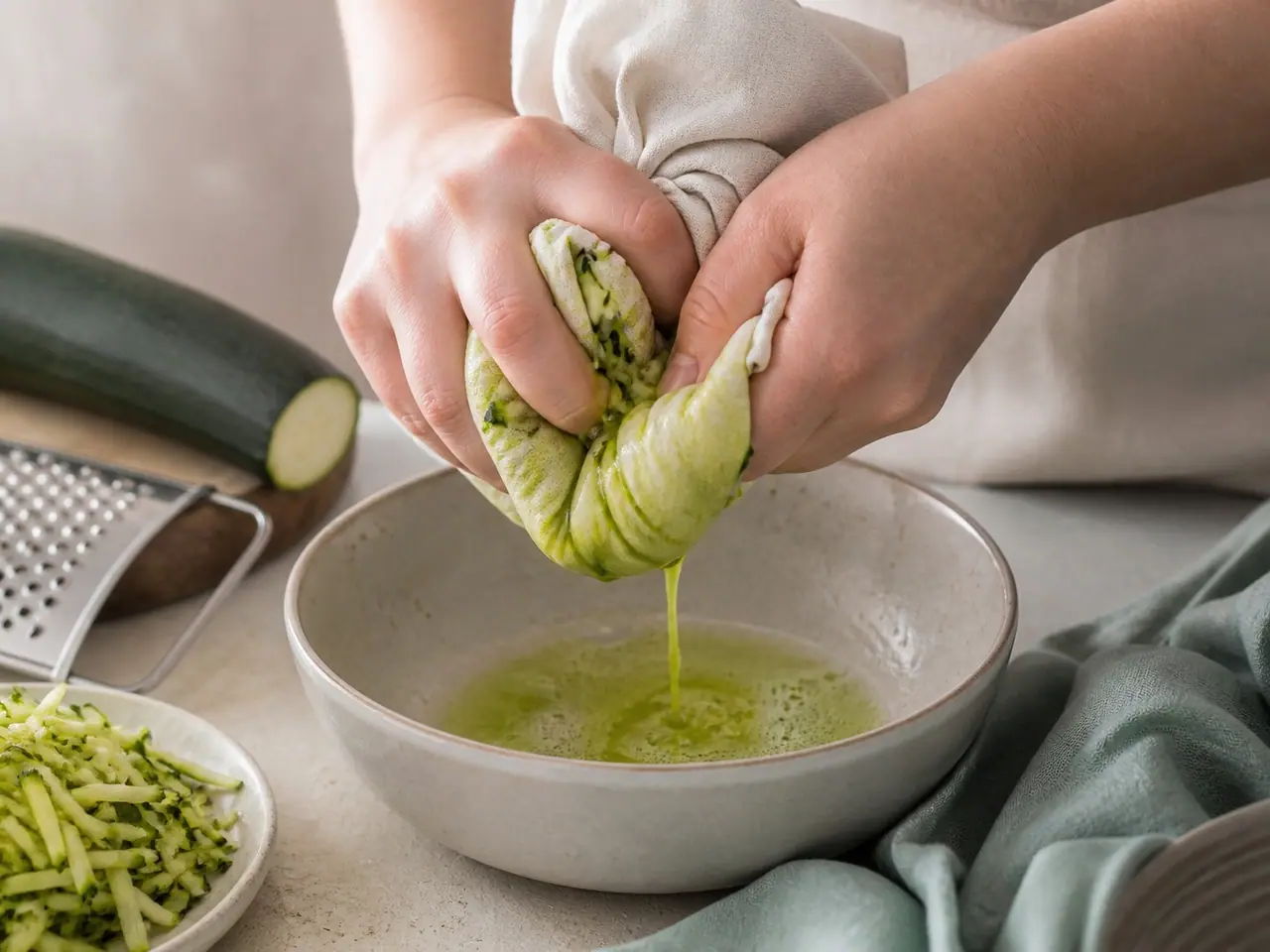 Hands squeezing grated zucchini dry in a clean tea towel