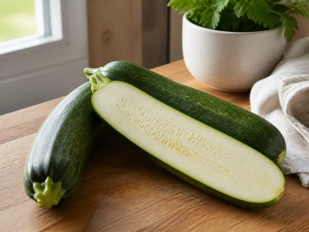 Fresh zucchini with one cut lengthwise on a kitchen table