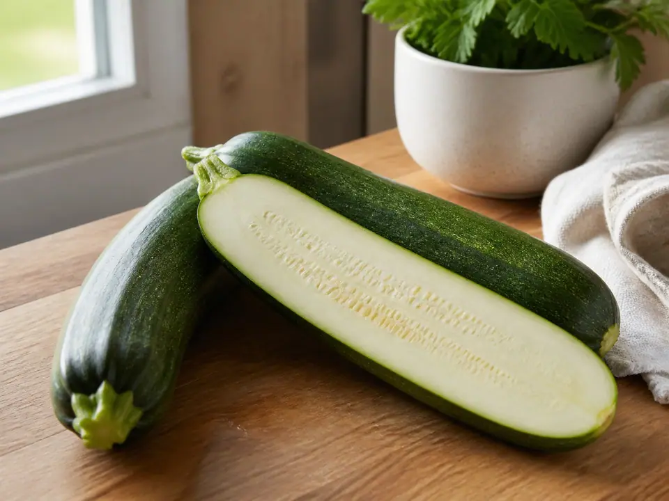 Fresh zucchini with one cut lengthwise on a kitchen table