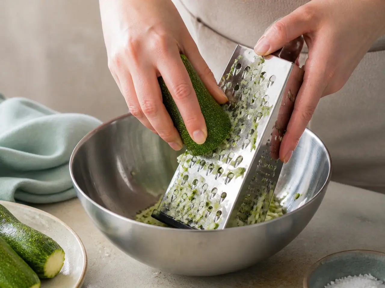 Zucchini being grated into a metal bowl in a home kitchen