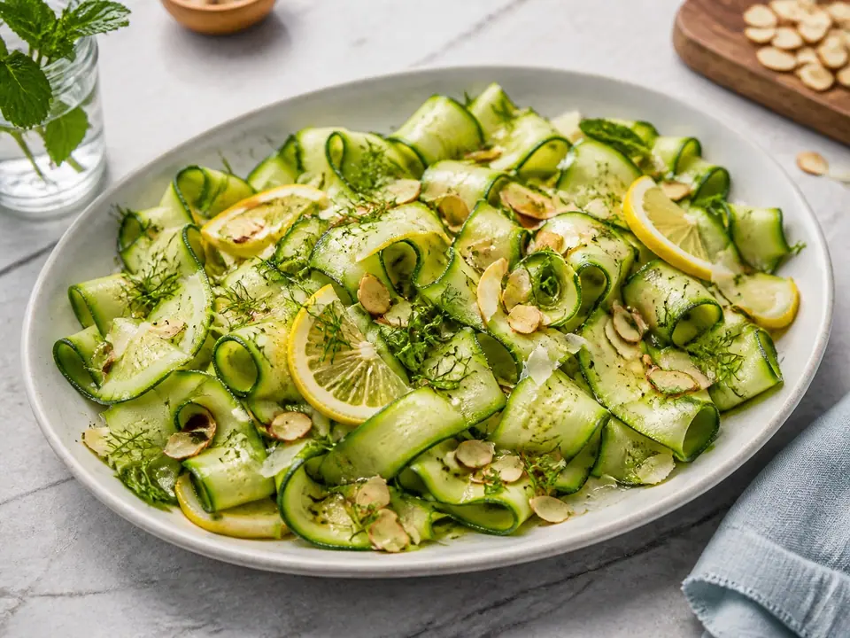 Zucchini ribbon salad with lemon almonds herbs and shaved cheese