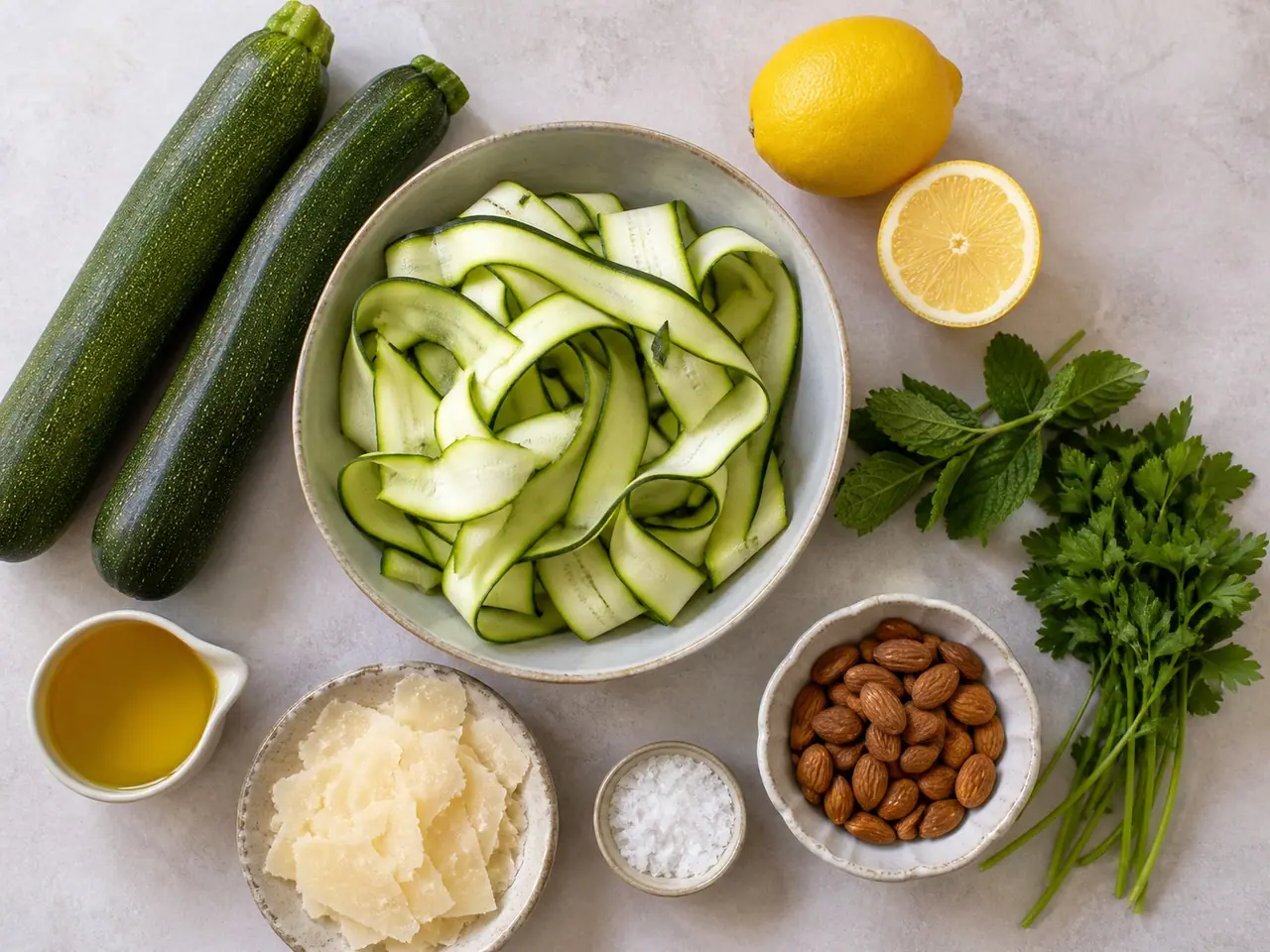 Zucchini lemons mint almonds parmesan oil and salt ready for salad