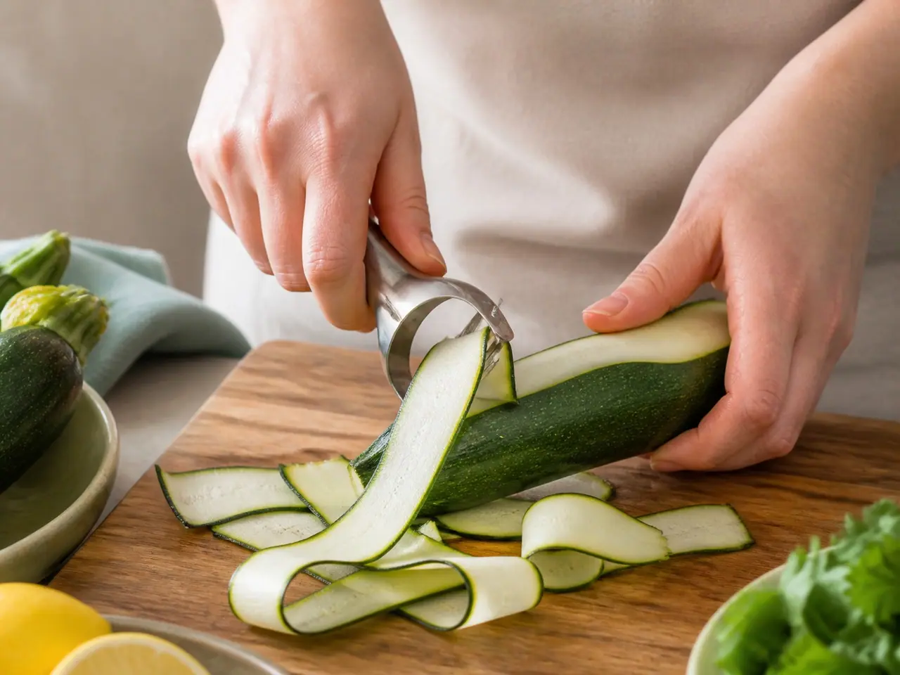Hands shaving long zucchini ribbons with a vegetable peeler