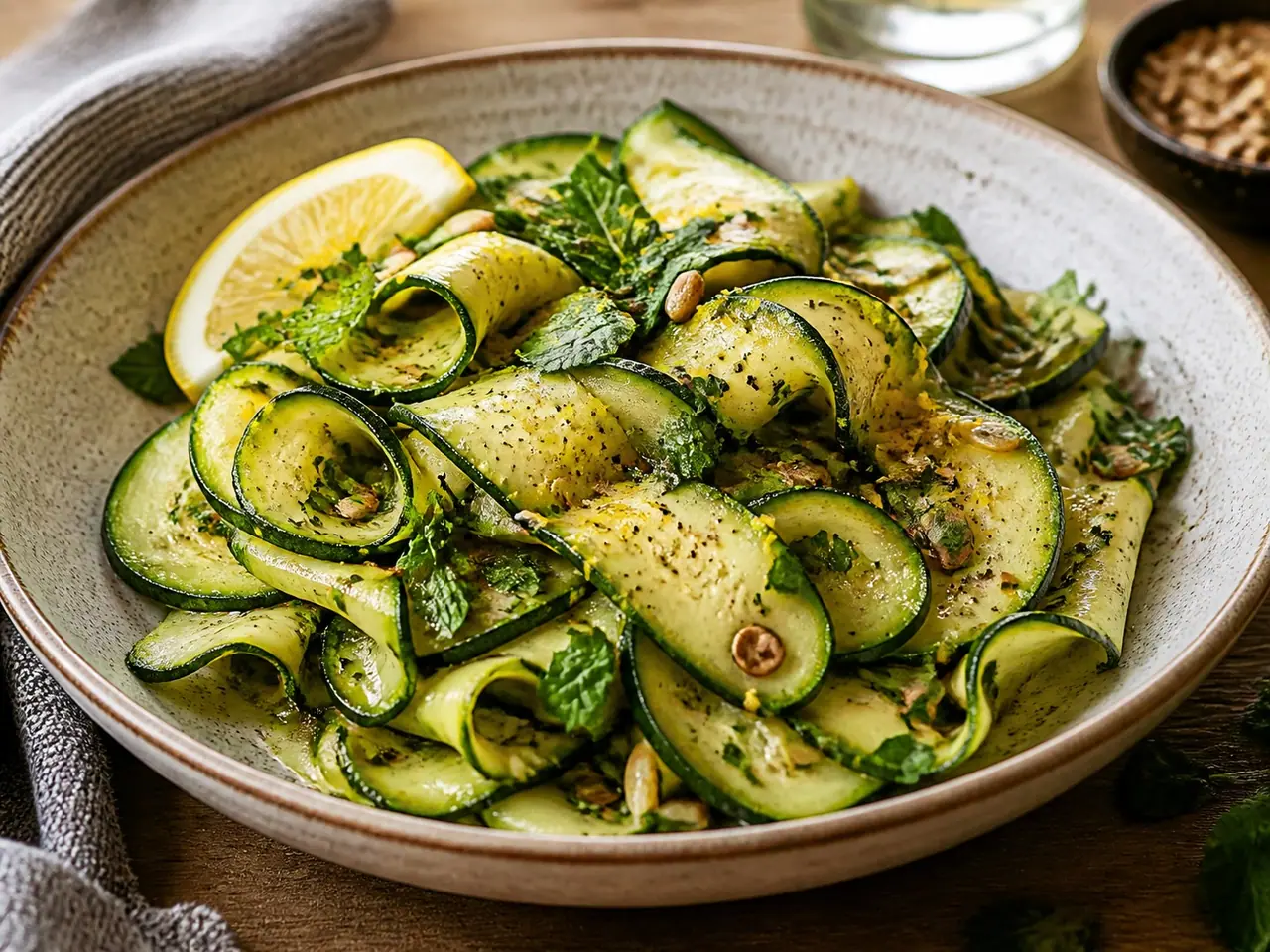 Sautéed zucchini ribbons with lemon herbs and toasted seeds